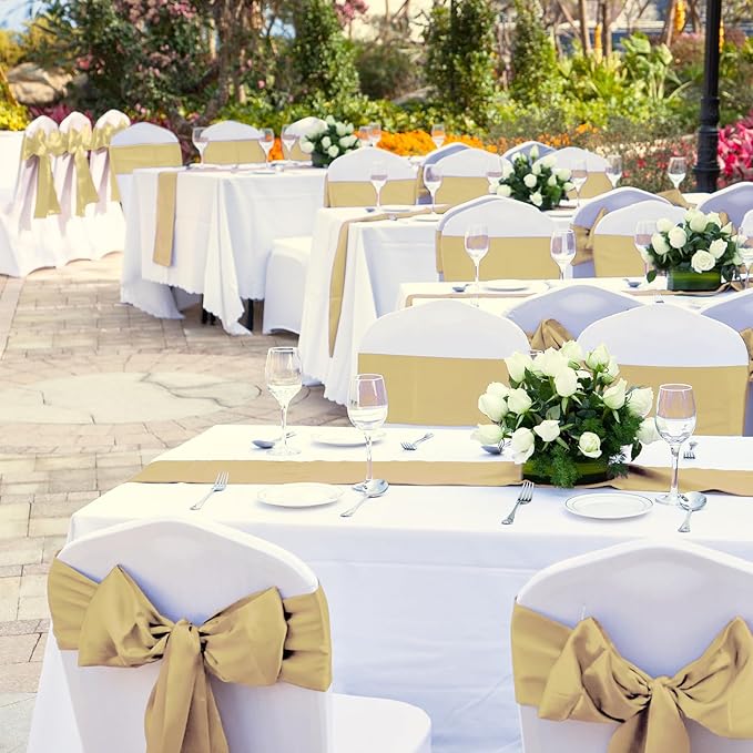 12Pack 12x108 Inch Satin Table Runner and 54x108Inch Plastic Tablecloths Set White and Gold Disposable Rectangle Table Cover for Graduation Wedding Bridal Shower Anniversary Birthday Party Decorations