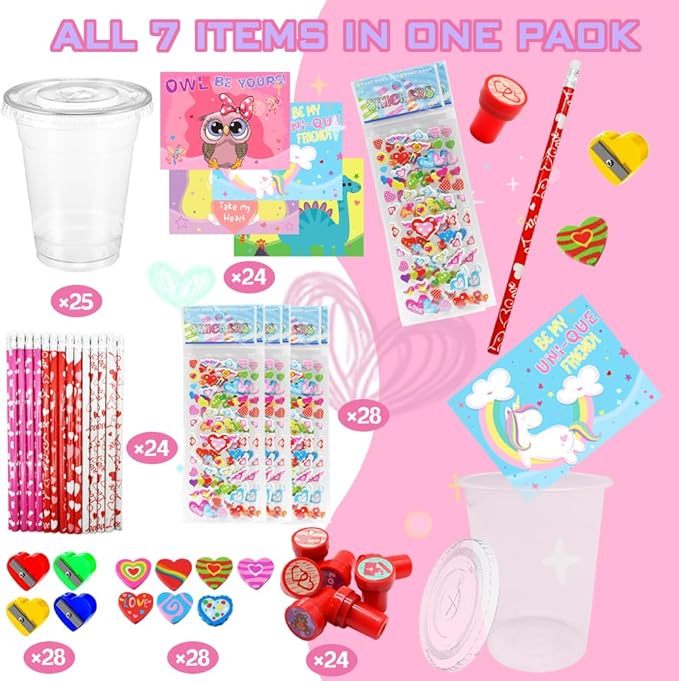 LUKBERA Valentine's Day Gifts for Kids - 24 Pack Valentines Classroom Stationery Set with Cards, Cups, Pencils, Erasers, Stampers & Stickers, Classroom Exchange Prize Boy Girls Party Favors