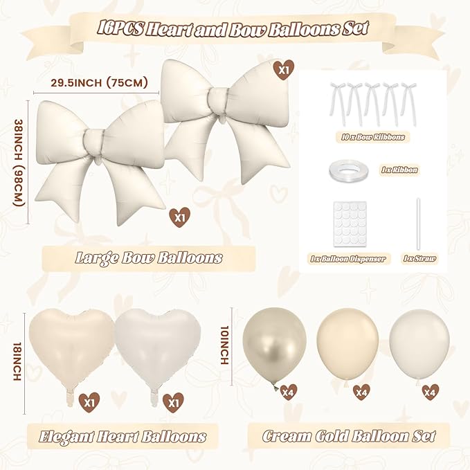 Cream and Apricot Heart Balloons, 38 Inch Bow Balloons, 16PC Champagne Gold Beige Sand White Balloon Helium with Bow Ribbons for Neutral Birthday Wedding Bridal Baby Shower Valentines Day Decorations