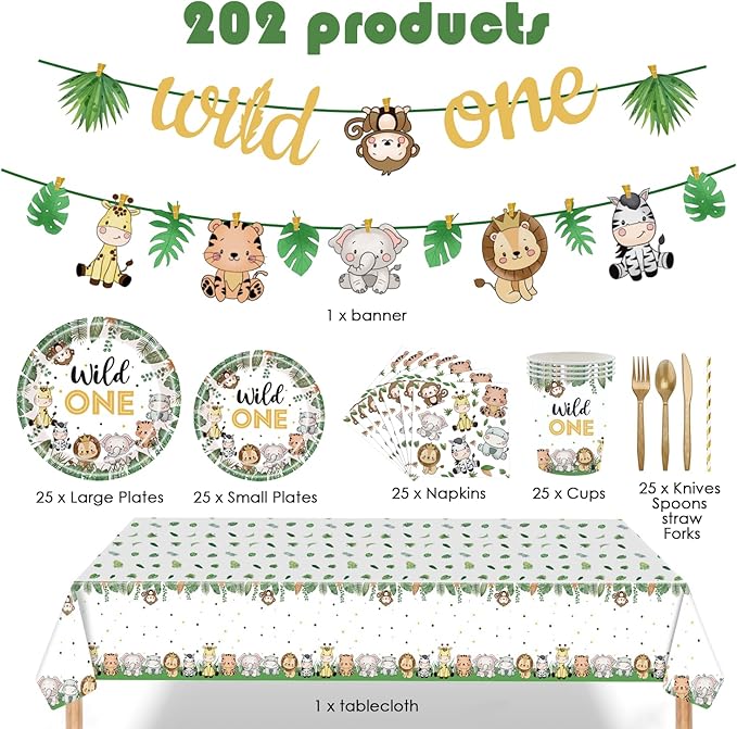 Wild One Birthday Decorations 202 Pcs for 25 Guests, Jungle Safari Theme Party Supplies with Animal Plates Napkins Cutlery Tablecloth Banner, Baby Shower or Boys 1st Birthday Party
