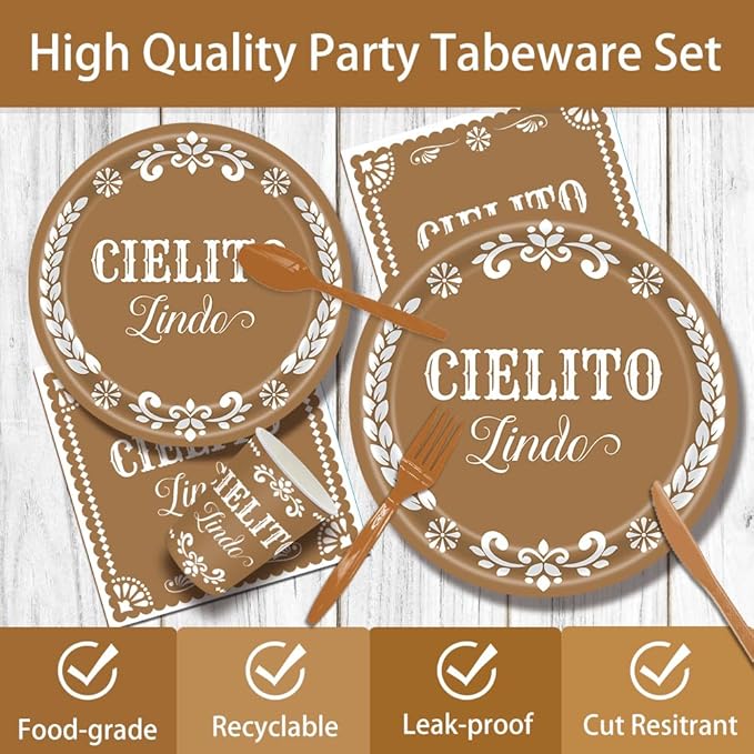 142 pcs Cielito Lindo Baby Shower Tableware, Mexican Theme White Talavera Baby Girl Shower Party Decoration Paper Plates Napkins Forks Serves 20