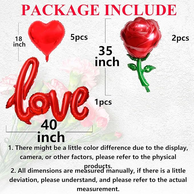 Valentine Balloons Red Love Balloons Red Heart Balloons and Red Rose Balloons Valentine Party Balloons for Valentine Day Decoration Special Night Party Decorations Theme Supplies Balloon Sets-8 PCS