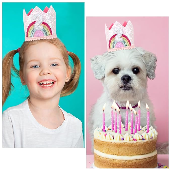 2nd Birthday Crown Princess Tiara, Rainbow Hat Headband - Birthday Gift Decorations and Accessories for Two Year Old Girl's Party