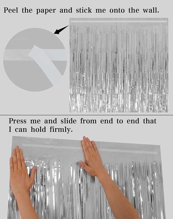 Silver Tinsel Fringe Backdrop Curtains for Parties, Melsan 3.2 x 8 ft Foil Streamer Disco Party Decorations Photo Booth for Birthday, Engagement, Pack of 2