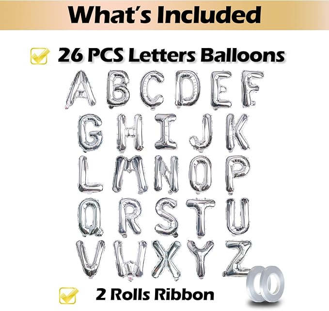 [26 Pcs] 16" Letter Sliver Foil Balloons A-Z set, Mylar Aluminum Hanging Alphabet for Graduation Birthday Party Decorations New Year eve