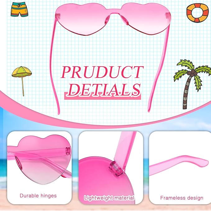 TOODOO 10 Pairs Heart Shaped Sunglasses Rainbow Sunglasses Candy Color Rimless Glasses for Women Girl Party Favor