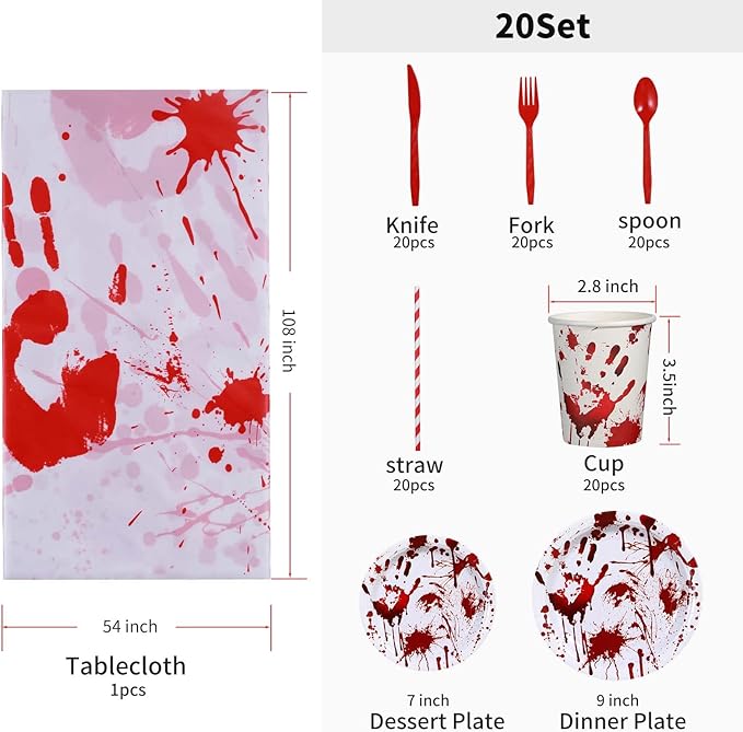 Halloween Party Supplies Dinnerware Decorations - Bloody Zombie Tablecloth, Paper Plates, Cups, Straw, Napkins, Cutlery - Horror Halloween Birthday Party Decorations Tableware Serves 20 Guests-161CT