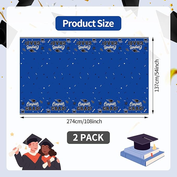 2-Piece 54 x 108 Inch Graduation Plastic Tablecloth – Graduation Disposable Rectangle Table Covers with “Congrats Grad” Design for Class of 2026 Party, School and Home Decorations