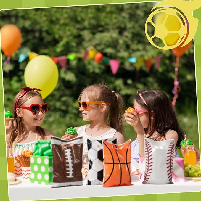 Funrous 100 Pcs Football Sports Party Favor Bags Soccer Candy Gift Plastic Goodie Treat Bags Bulk with Handles for Baseball Basketball Theme Event Gift Bag Birthday Supplies Decorations