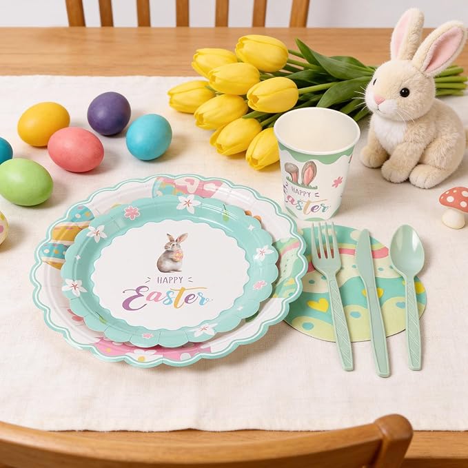 Easter Plates Party Supplies - 168Pcs Bunny Paper Plates and Egg Napkins Cups Cutlery Serve for 24 Happy Easter Rabbit Party Decorations Table Decor