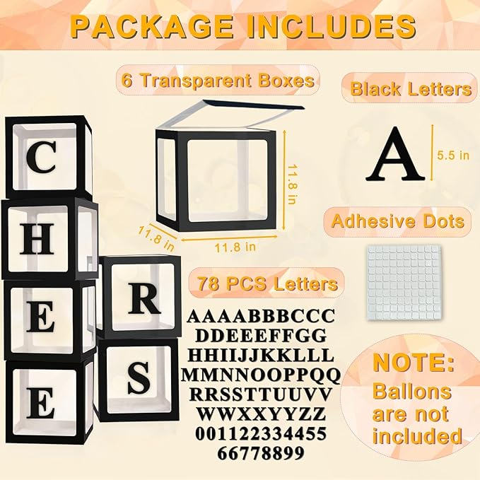 Ledido Black Transparent Balloon Boxes With 78 Letters, Letter Box for Baby Shower Clear Baby Box Black Balloon Boxes for Birthday, Bridal Shower, 2026 Graduation Prom Party Decoration, 6 PCS
