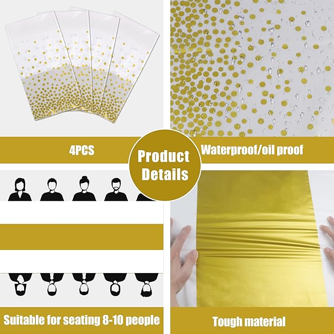 OHOME 8 Pack Disposable Plastic Table Cloths for Parties,White and Gold Dot Rectangle Table Covers for Wedding Birthday Baby Shower BBQ First Communion Decorations 54" x 108"