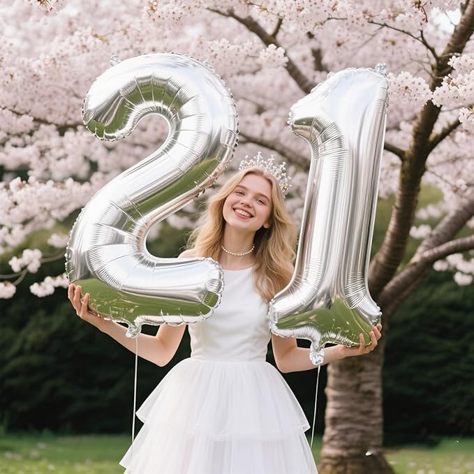 40 Inch Silver Number 21 Digital Balloon,Jumbo Mylar Foil Helium Balloon for 21 Balloons for Birthday Party,Wedding Anniversary Party Decorations
