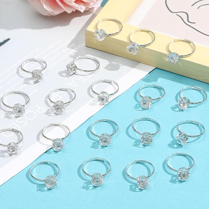 NEWITIN 120 Pieces Fake Rings Diamond Engagement Rings Silver Ring for Bridal Shower Party Game Wedding Table Decorations