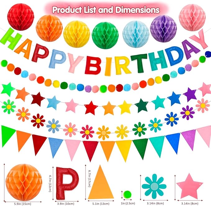 Pre-Strung 3D Happy Birthday Banner, 6 PCS Felt Reusable Birthday Decorations Set with Letter Banner, Pom Pom, Star, Sunflower Garland, Triangle Flag and Honeycomb Balls, Rainbow Decor Sign Photo Prop
