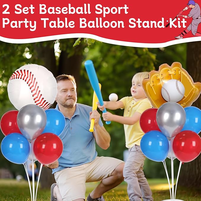 Baseball party Balloons Stand Kit 2 Sets with 2 Baseball Glove Foil Balloons Red Blue Silver Themed Party Balloon Centerpiece for Tables for Men Boys Game Sports Rookie Year 1st Birthday decorations