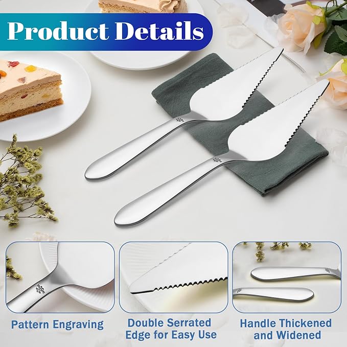 Cake Pie Server Set for Wedding, Elegant Pizza Slicer Server Set with Stainless Steel Big Serrated Edges, Cake Cutter Pie Spatula for Birthday Anniversary, 2 Pcs, Silver
