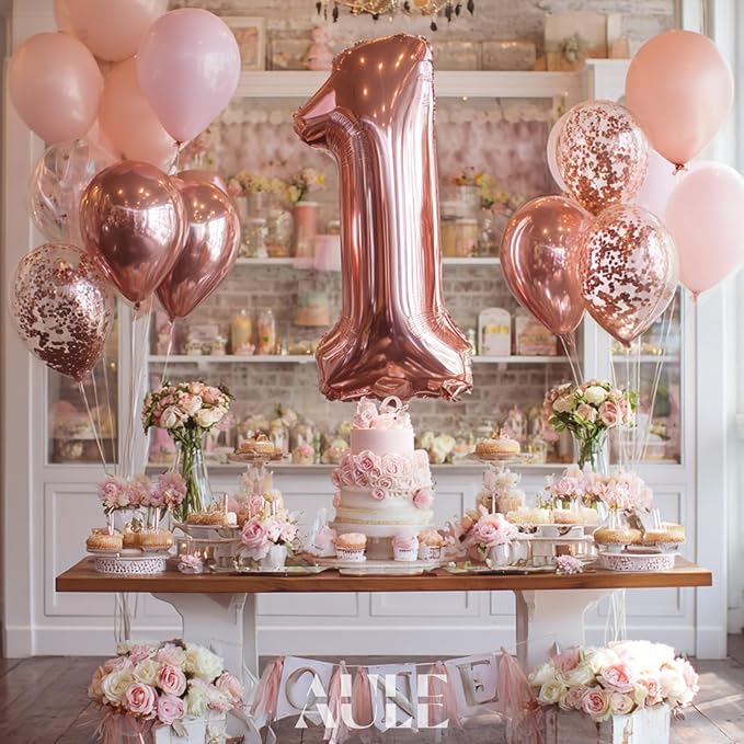 AULE 40 Inch Big Rose Gold 1 Balloon Number Large Foil Helium Number Balloons 0-9 Jumbo Giant Happy 1st Birthday Party Decorations for Boy or Girl Huge Mylar Anniversary Party Supplies