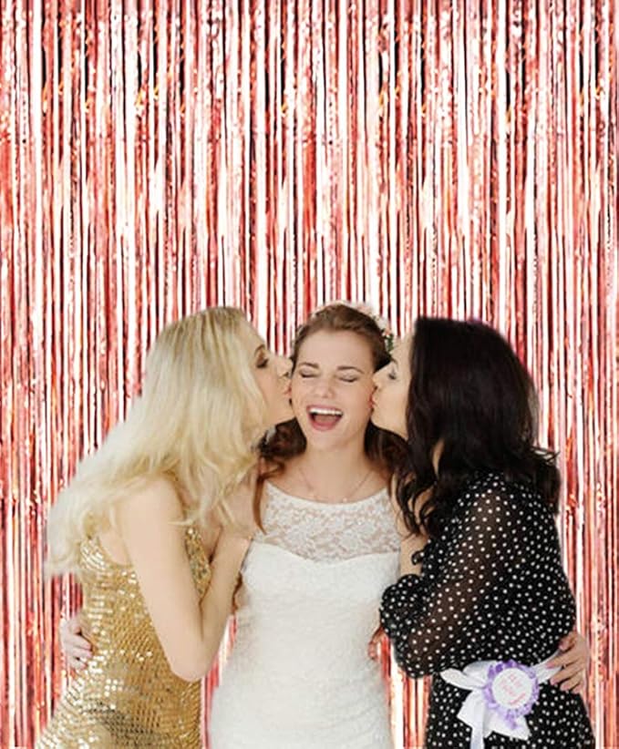 2 Pcs 3.2ft x 8.2ft Shiny Rose Gold Metallic Tinsel Foil Fringe Curtains Photo Booth Backdrop for Birthday Wedding Holiday Celebration Bachelorette Party Decorations