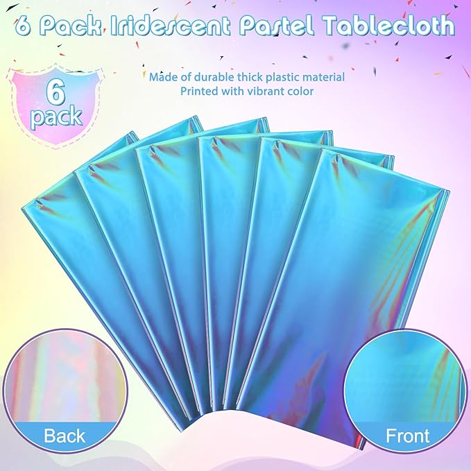 6 Pack Iridescent Pastel Plastic Tablecloth, Shiny Disposable Laser Rectangle Table Covers, Holographic Foil Tablecloth Iridescent Party Decorations for Spring Easter Baby Shower Birthday, 54x108Inch
