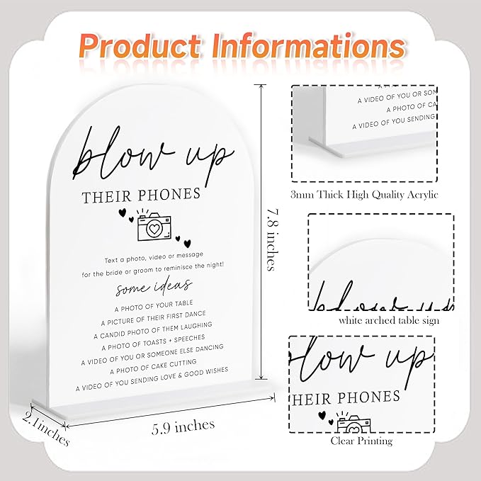 Blow Up Their Phones Sign, White Arch Acrylic Wedding Sign, I Spy Wedding Game, Bridal Shower Decor, Engagement Party Decor, Centerpiece Table Decorations Party for Bride and Groom-5