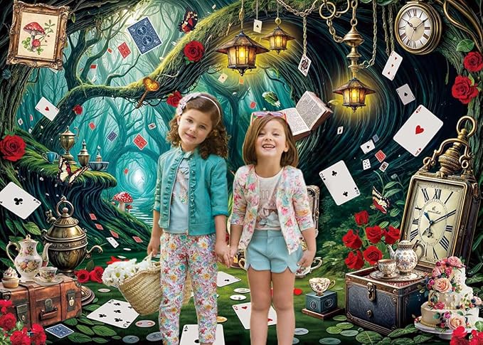 Wonderland Tea Party Backdrop Green Leaves Checkerboard Photography Background Wonderland Girls Kids Birthday Party Party Decoration Banner Supplies (82x59inch(7x5FT))