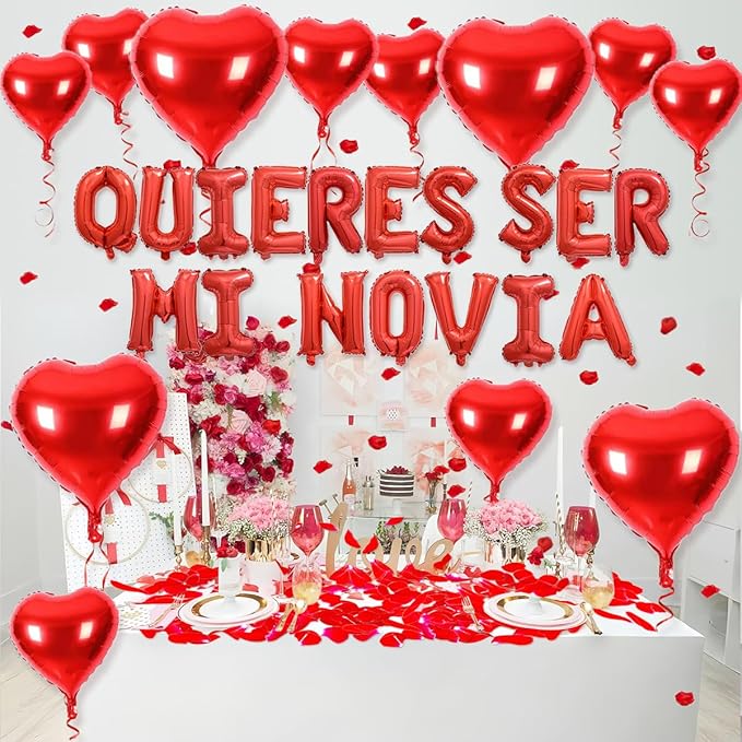 2 Set 16 Inch QUIERES SER MI NOVIA Balloons, Red Will You Be My Girlfriend Letter Balloons Spanish with 200pcs Artificial Rose Petals for Valentines Anniversary Day Banner Decorations
