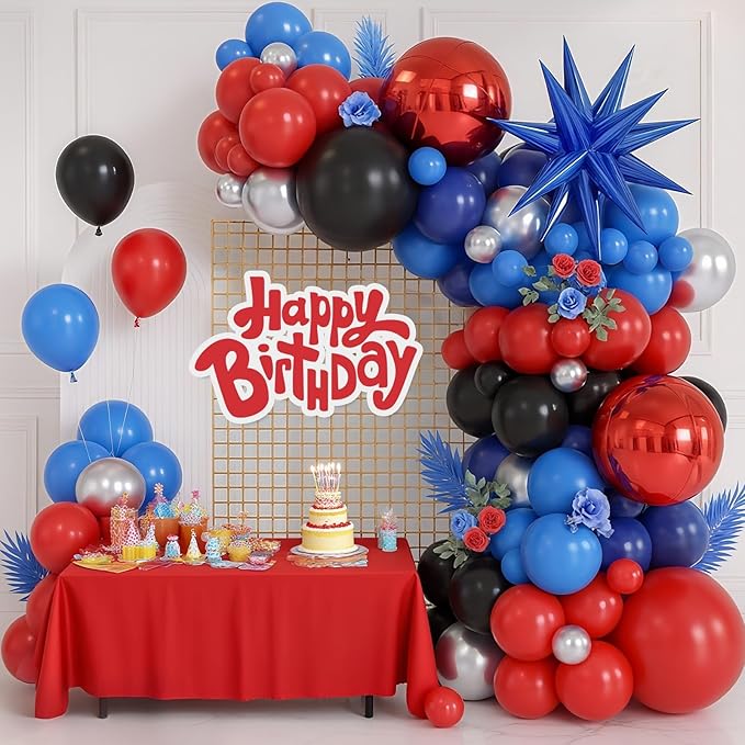 Navy Blue Red Silver Balloon Arch Garland Kit with Star Balloons Red 4D Round Foil Balloons for Birthday Graduation Party Decorations