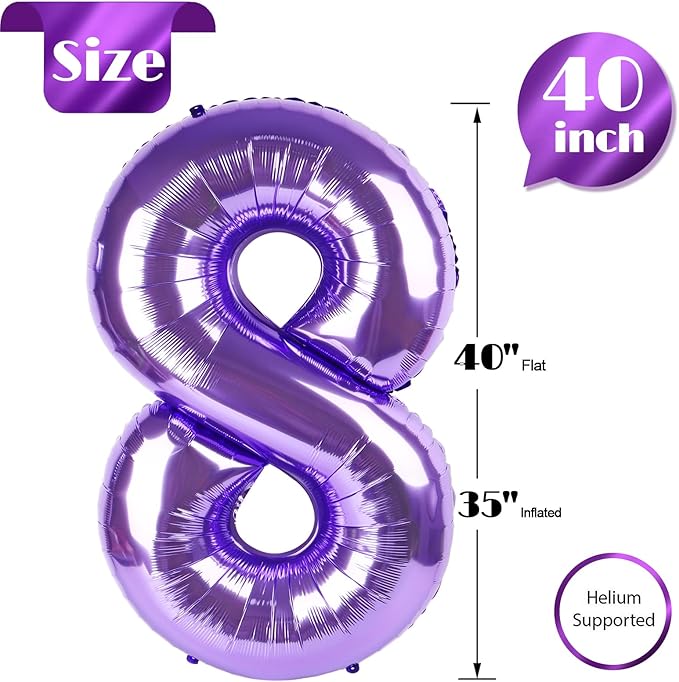 Purple Number 8 Balloon 40 Inch, 8 Balloon Number, 8th Birthday Decorations, Purple Party Supplies for Boys Girls