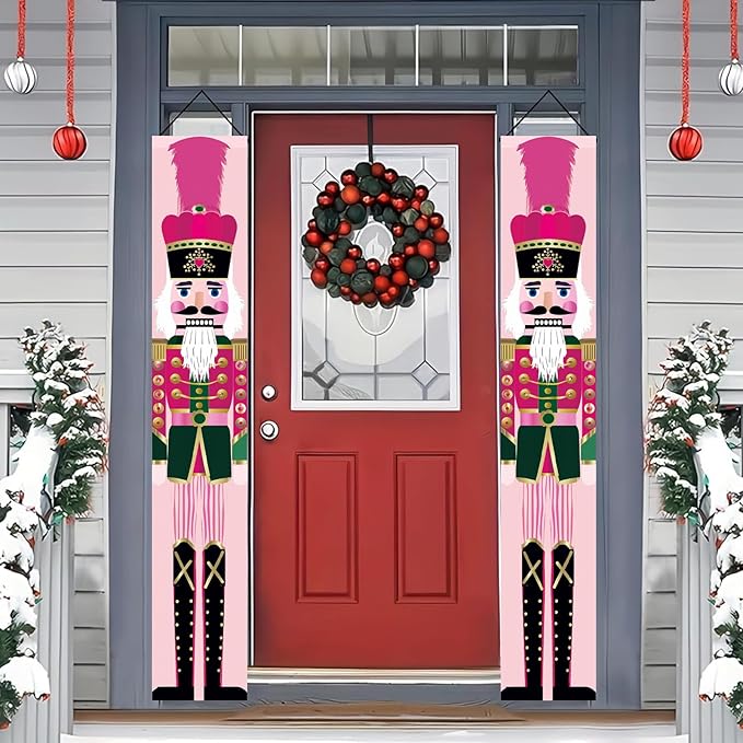 Christmas Nutcracker Door Banner 71x12 inch Pink Christmas Hanging Porch Banner Holiday Soldier Wall Decoration for Xmas Front Door Banners Outdoor Fireplace Entryway Party Home Decor