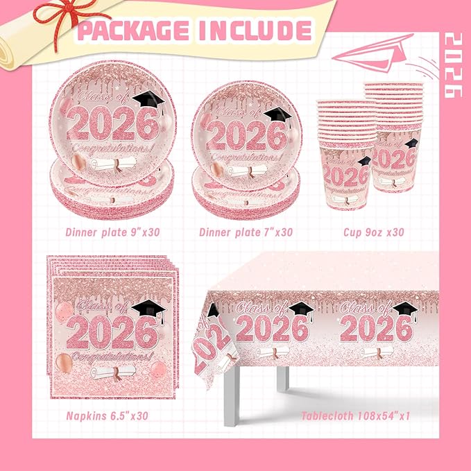 Pink Graduation Decorations Class of 2026, Pink Rose Gold Graduation Party Disposable Paper Plates Napkins Cups Tablecloth for 2026 Graduate Party Decorations Supplies Set, Serve 30