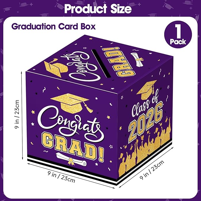 Graduation Card Box 2026 - Congrats Grad Card Boxes Holder, Purple and Gold Class of 2026 Graduation Gift Cards Box for Graduation Party Decorations 2026 Favors Decor Supplies Props,9x 9 x 9 inches
