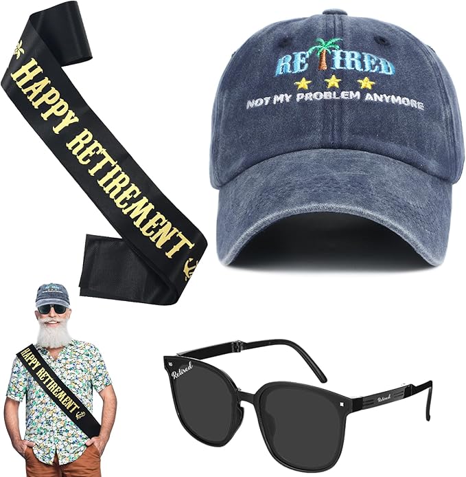 JaGely 3 Pcs Retirement Gifts for Men Retirement Party Accessories Retirement Sash Retirement Hat Retired Sunglasses for Men