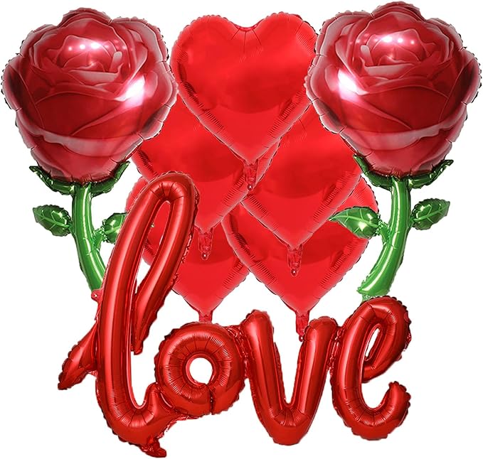 Valentine Balloons Red Love Balloons Red Heart Balloons and Red Rose Balloons Valentine Party Balloons for Valentine Day Decoration Special Night Party Decorations Theme Supplies Balloon Sets-8 PCS
