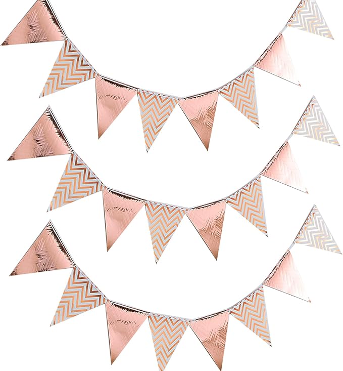Pennant Banner Flags 24 Pcs Big Metallic Mirrored, 26 Ft Rose Gold Wave Pattern Cardboard Triangle Banner, Party Birthday Wedding Nurse Graduation Holiday Wall Decorations, Festive Supplies