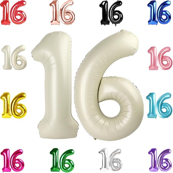 16 Balloon Number, Cream Number 16th Birthday Balloons 40 Inch, Sweet 16 Years Old Cream Birthday Decorations for Boys Girls, 16th Anniversary Decorations