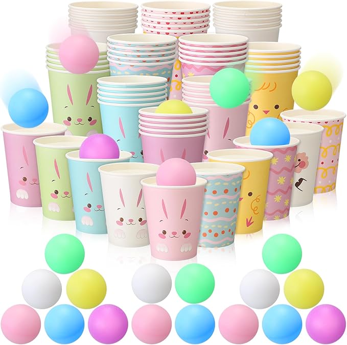 Easter Throwing Toss Game for Family 50 Bunny Paper Cups 24 Colorful Balls Easter Activities Spring Carnival Throwing Toss Game for Gatherings Outdoor Indoor Prize Party Supplies