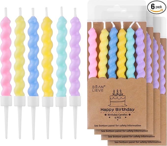 BEAN LIEVE 24-Count Birthday Candles - Rainbow Birthday Candle with Holders Colorful Spiral Long Cake Candles for Birthday Wedding & Lucky Party Cake Decorations