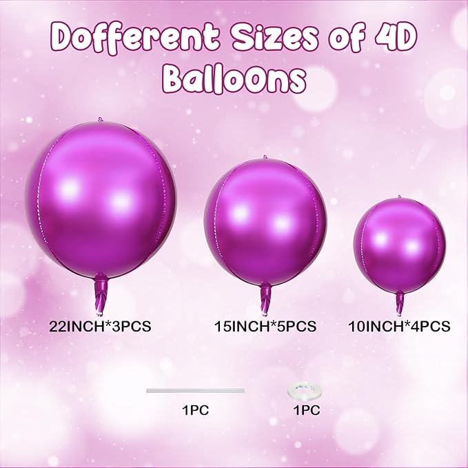 12PCS Hot Pink Round Foil Balloons, 22" 15" 10" Large 4D Ball Balloons Metallic Hot Pink Mirror Sphere Balloon for Valentines Galentines Day Wedding Women Birthday Party Ceiling Decorations