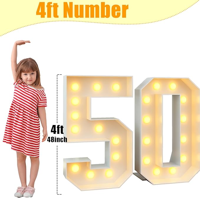 4ft Light Up Numbers Marquee 50 Numbers with Lights White Slots-in Frame for Men Women 50th Birthday Party Decorations Pre-Cut Mosaic Cardboard Large Cut-Out Thick Foam Board Sign Anniversary