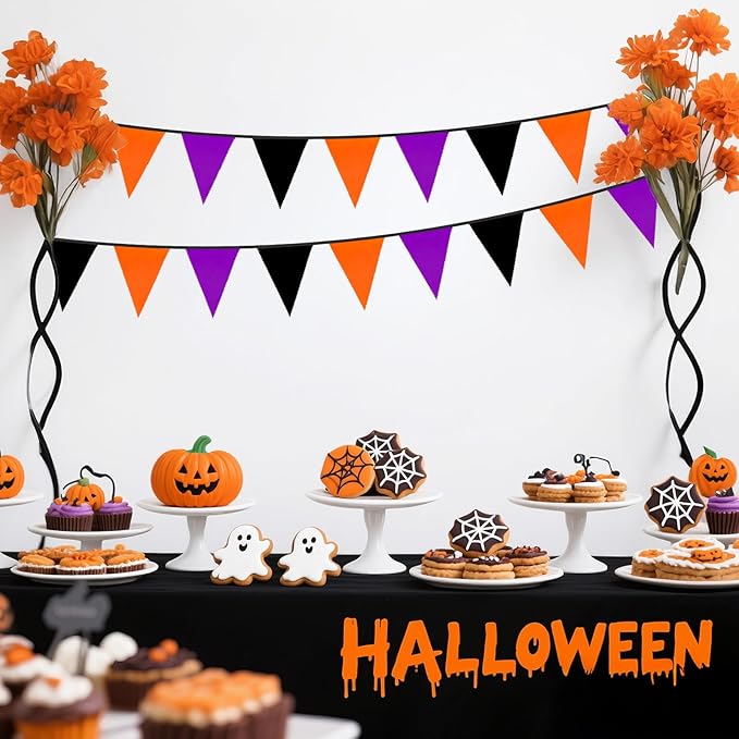 GCQQ 39FT Halloween Triangle Banner - 42Pcs Black Orange Purple Pennant Banners Flag Halloween Cotton Bunting Party Garlands for Porch Classroom Wall Fireplace Indoor Outdoor Decoration