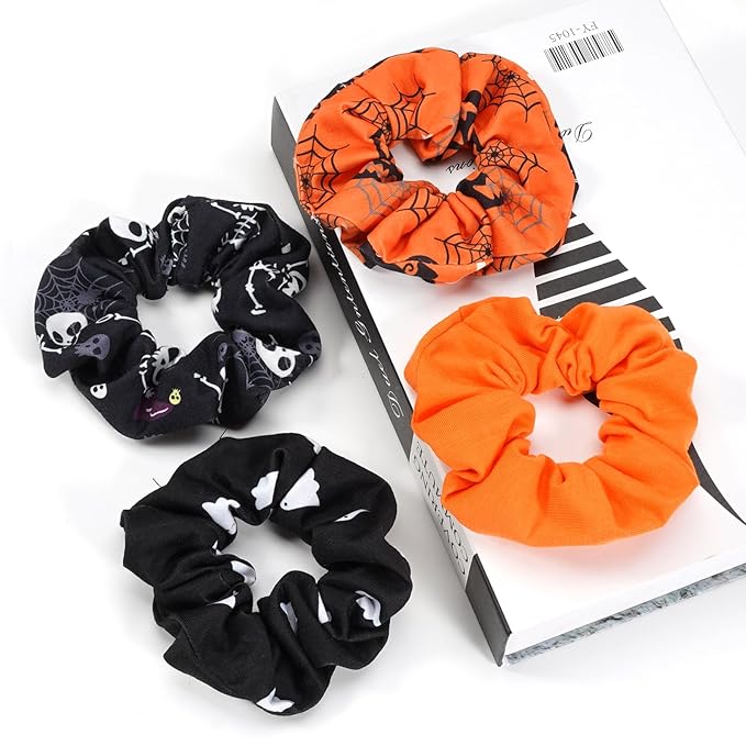 Halloween Hair Scrunchies Spooky Orange Pumpkin Scrunchies Skull Ghosts Bat Spider Web Skeleton Hair Ties for Women Girls Elastics Hair Tie Halloween Gifts Hair Accessories