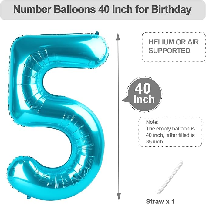 5 Number Balloon 40 Inch, Foil Balloons for Boys And Girls, Light Blue Number Balloons for 5, 15, 25, 50 Birthday Party Decoration, Anniversary, Wedding, Single Supplies