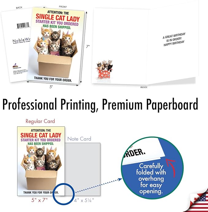 NobleWorks - 1 Funny Birthday Greeting Card w/ 5 x 7 Envelope For Men, Women - Bday Single Cat Lady C8469BDG