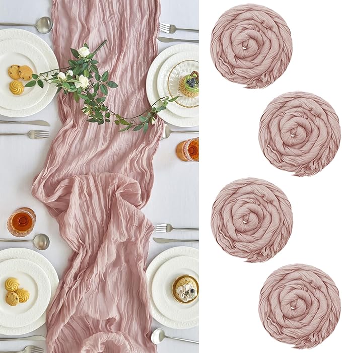 IVAPUPU 4 Pcs Cheesecloth Table Runner - 10ft Dusty Pink Easter Spring Boho Gauze Cheese Cloth Table Runners for Baby Shower Decoration Wedding Party Summer Garden Farmhouse Decor