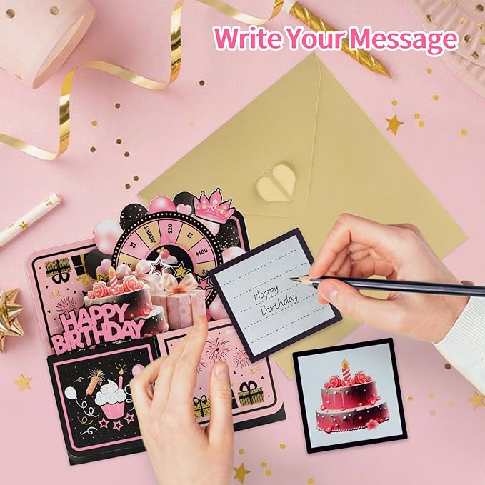 FaCraft Pop Up Birthday Card for Girl - 3D Handmade Spinning Wheel Design with Envelope & Blank Insert, Pink Interactive Happy Birthday Greeting Card for Daughter, Teens & Loved Ones