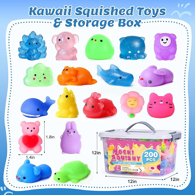 200 Pack Squishy Toys, Mochi Squishy Bulk, Kawaii Squishies Party Favors for Kids, Stress Relief Sensory Toys, Treasure Box Toys for Classroom Prizes, Easter Basket Stuffers,Goodie Bags Fillers