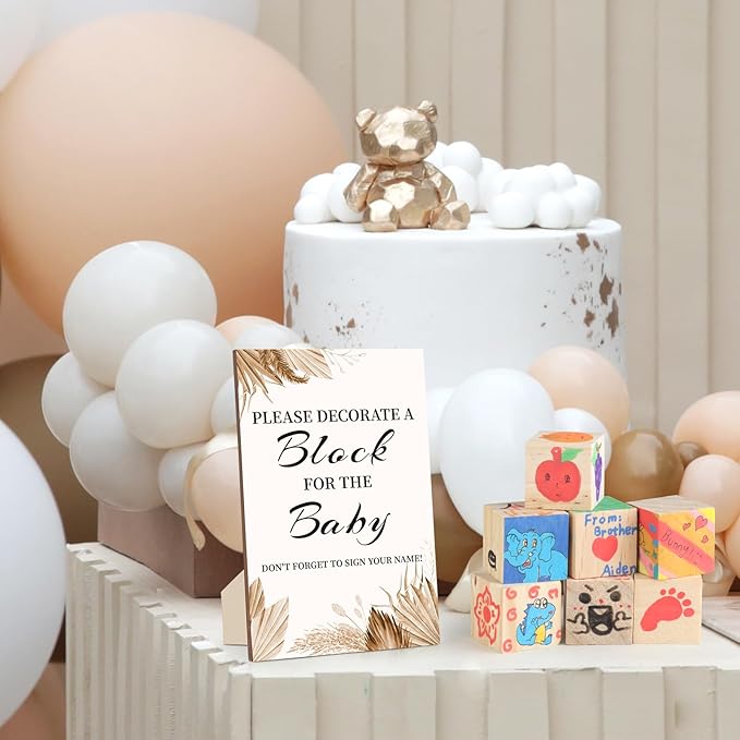 Baby Shower Games Sign Kit with 50 Blank Wooden Blocks, 24 Acrylic Paint Marker and Wooden Sign, Blocks for Baby Shower Games, Gender Reveals Party (Boho)
