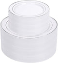 Supernal 102pcs White and Silver Plastic Plates Disaposable Party Plates White Silver Rim Heavy Duty Fancy Silver Plastic Dinnerware Set included 51 Dinner & Dessert Plates for Valentine's Day