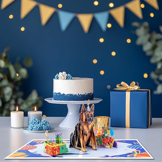 German Shepherd Dog Pop Up Happy Birthday Greeting Card, ideal love Gift for Adult and Kid with Blank Note & Envelope, Foldable Celebration for Daughter, Son, Mom, Dad, Friend, Children